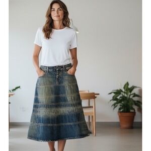 DKNY Boho Denim Distressed Skirt Women's Size 25/US‎ 2 Midi Length Vtg Y2K Italy